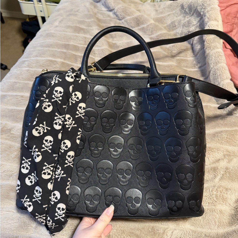 Betsey Johnson Black Embossed Skull Satchel with Skull Scarf